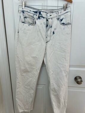 rag & bone White Jeans with Blue Tie-Dye Accents, Flare Cut